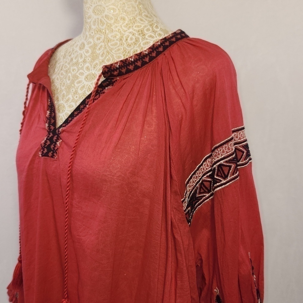 Alicia Pageboy M Red Aztec/Tribal Embroidered V-Neck Tassle Tie Front Boho Top - Picture 9 of 14